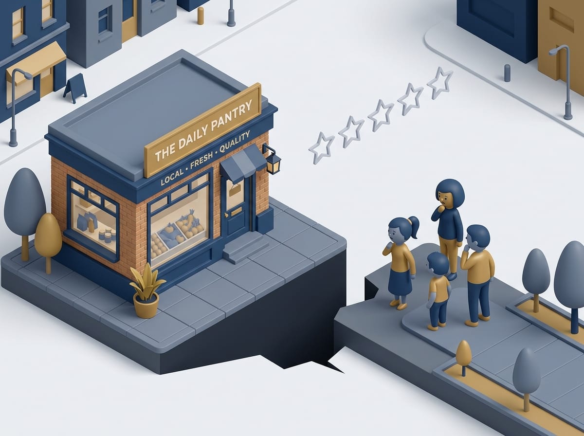 A graphic illustration showing the "trust gap" between a highly visible local business and a competitor, highlighting why digital reputation matters.