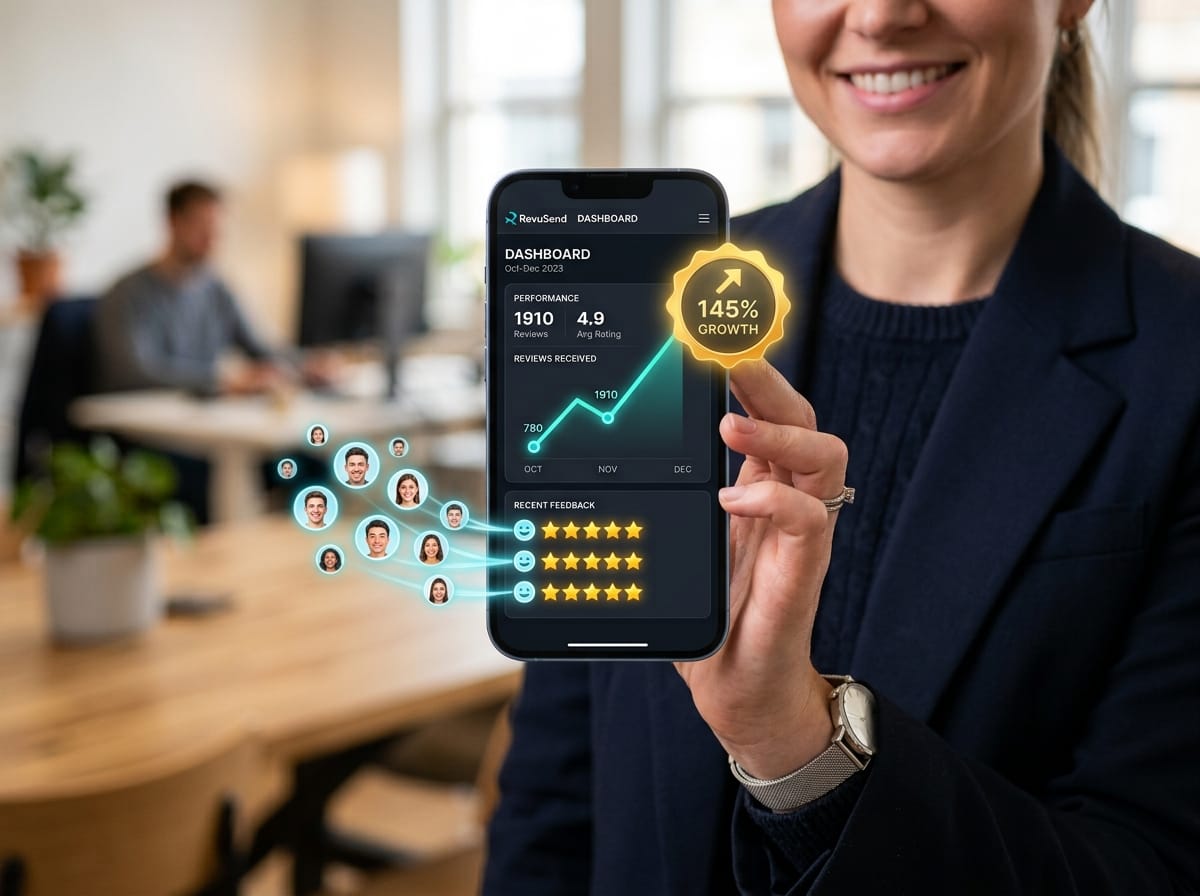 A clean, modern automated dashboard interface showing how local businesses can manage reviews efficiently with a human-first approach.