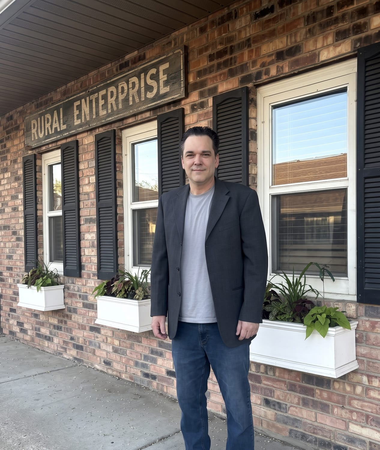 A portrait of the business founder standing in front of the Rural Enterprise office in Minnesota.