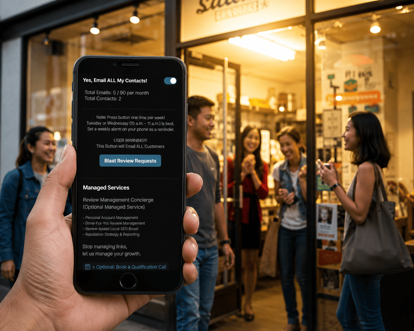 Email review request open on phone screen using RevuSend, ready to send to customers