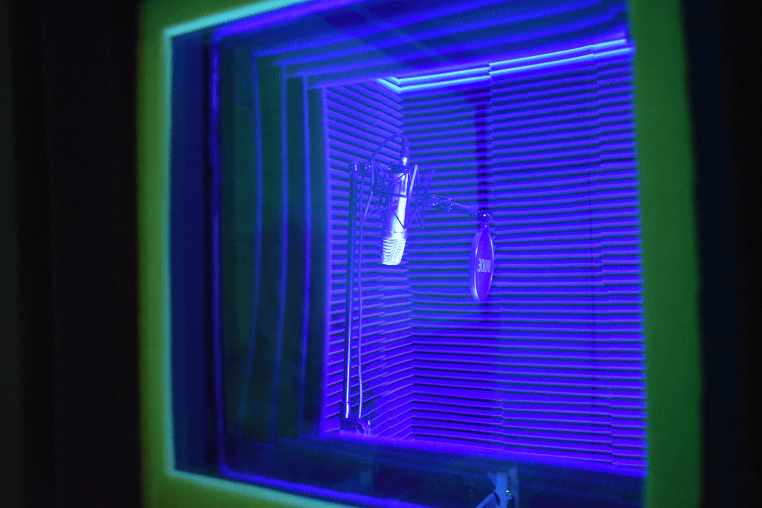 Recording booth and microphone setup at Sound Quake Studios in Cape Breton