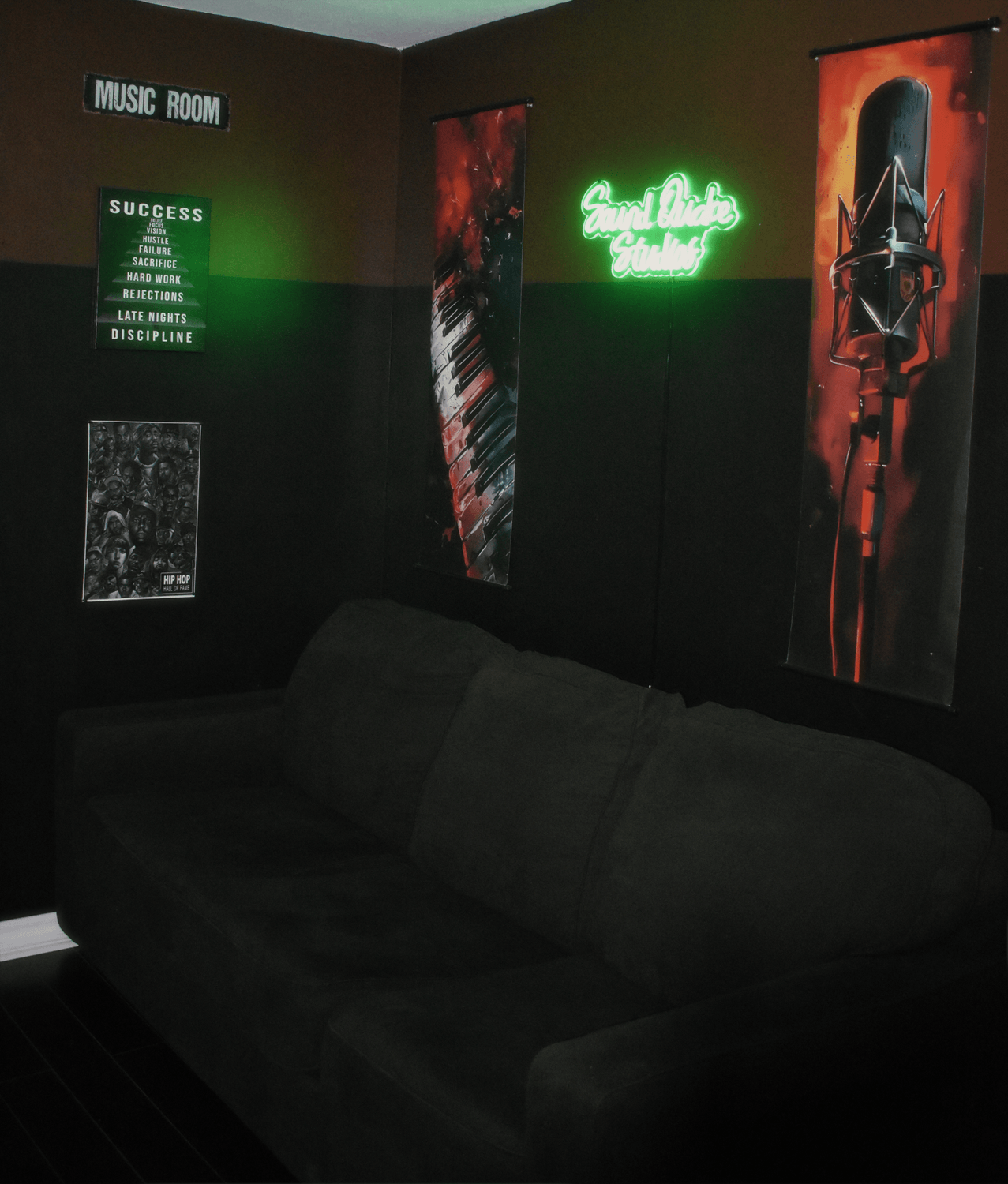 Sound Quake Studios lounge area with couch for artists in Cape Breton recording studio