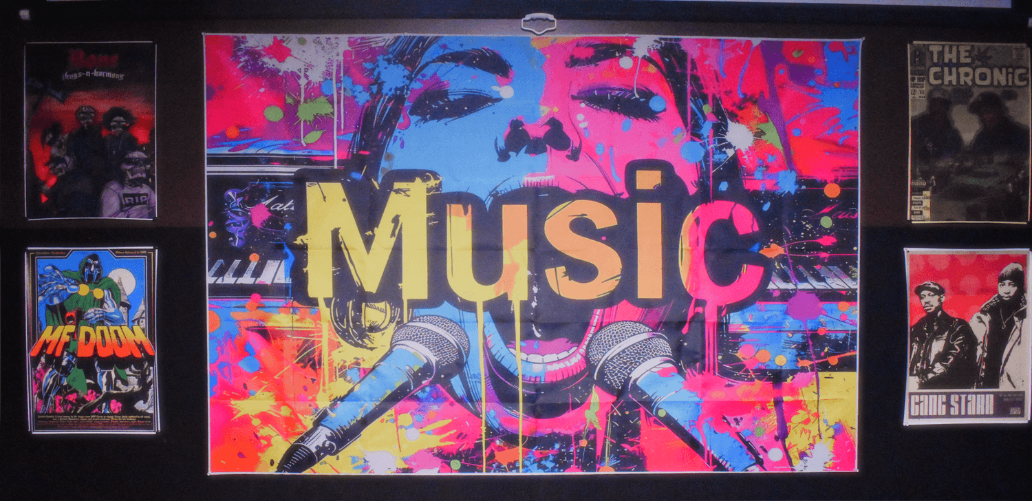 Hip-hop inspired wall art inside Sound Quake Studios recording space