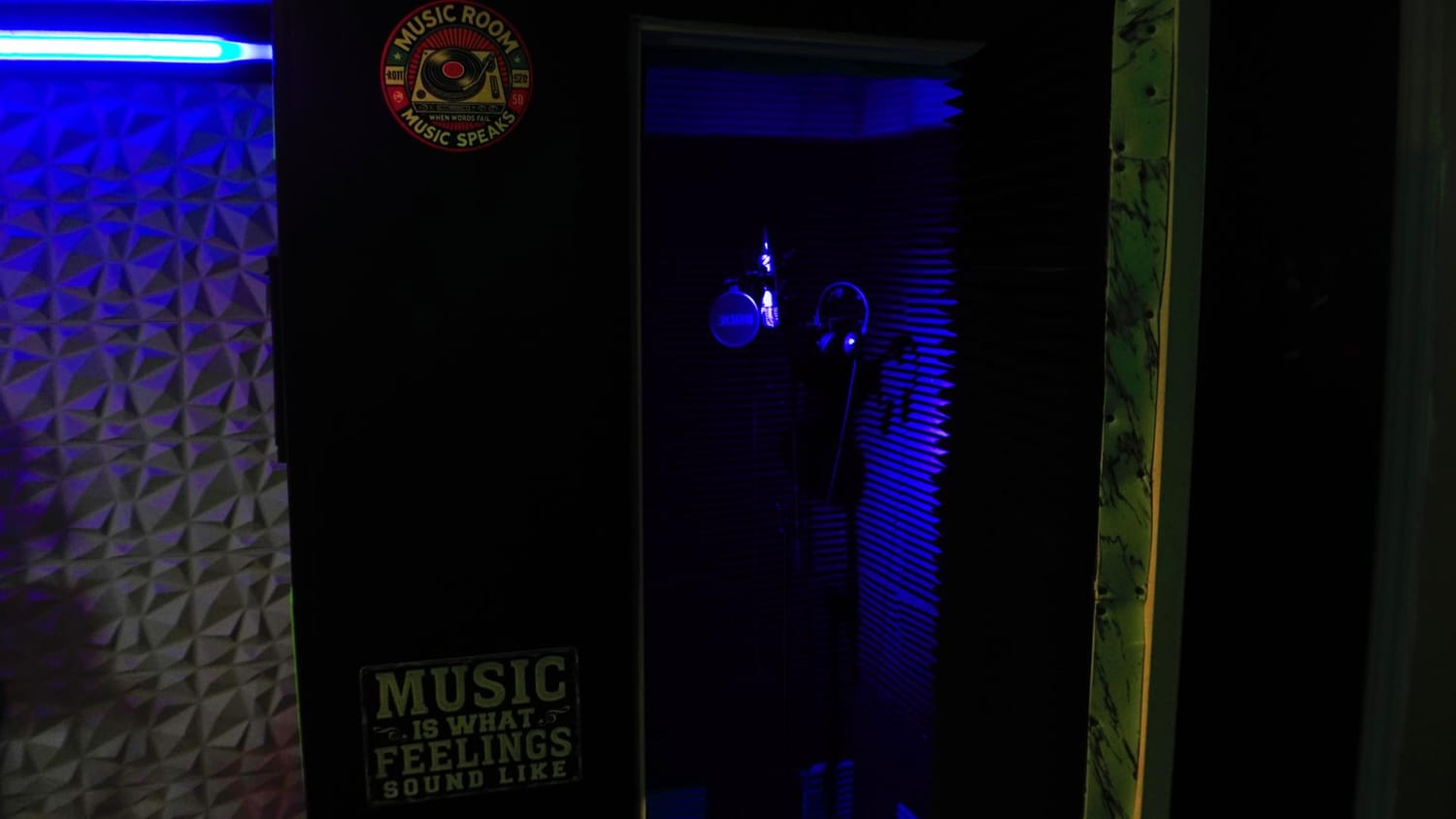 Recording booth and microphone setup at Sound Quake Studios in Cape Breton