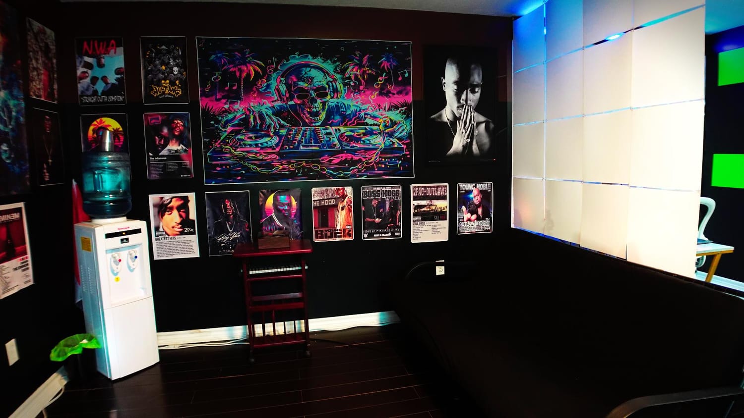 Sound Quake Studios lounge area with couch for artists in Cape Breton recording studio