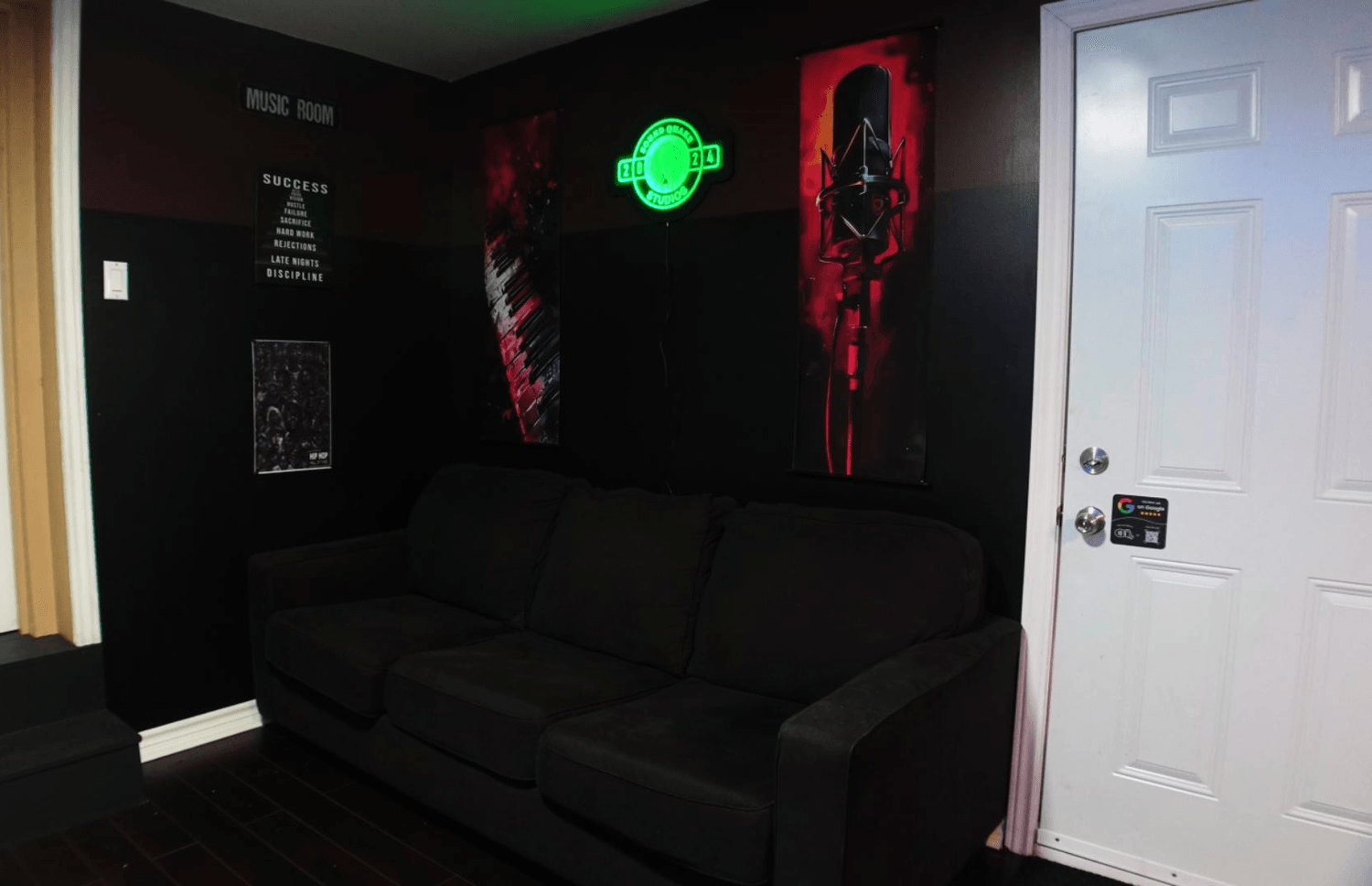 Sound Quake Studios lounge area with couch for artists in Cape Breton recording studio