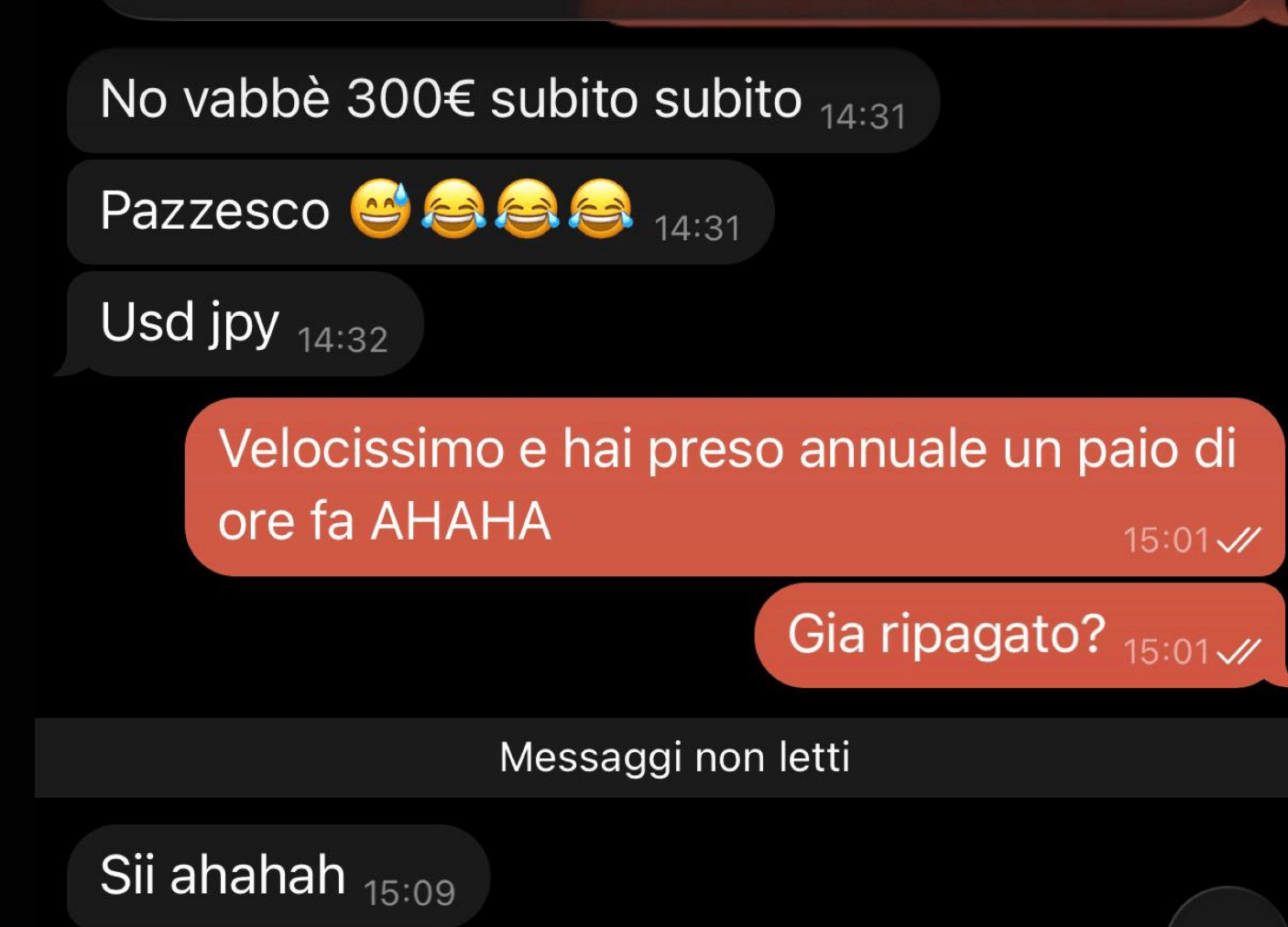 Messaggio originale di un cliente sul proprio risultato su USD/JPY