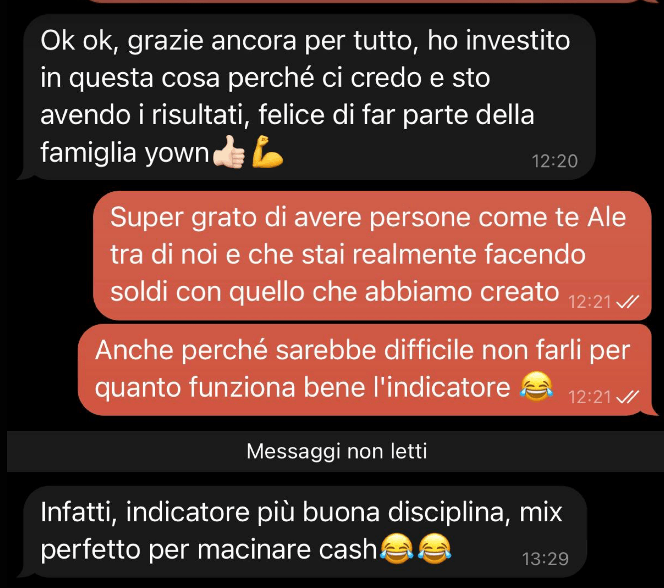Messaggio autentico di un cliente sull'esperienza nella community YOWN B