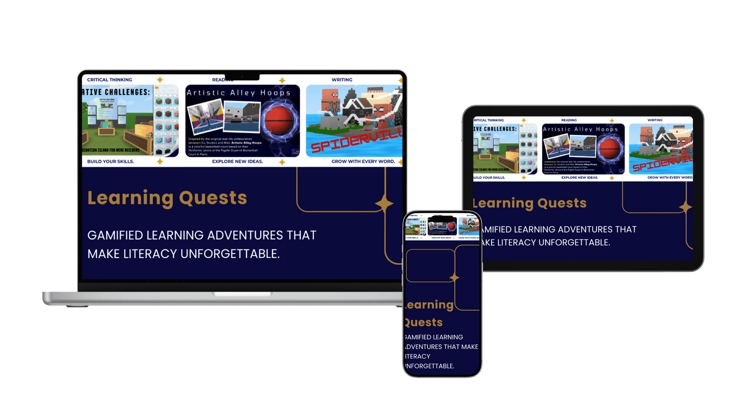 Mockup of Learning Quests displayed on a laptop, tablet, and phone, showing gamified literacy adventures like reading challenges, skill quests, and themed mini-games.