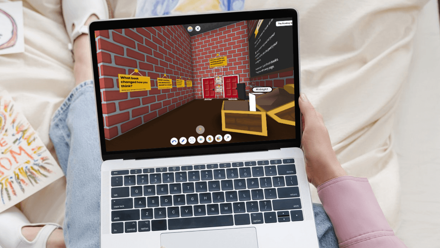 Child playing a Learning Quest on a laptop, showing a 3D brick-walled virtual room with interactive reading prompts.