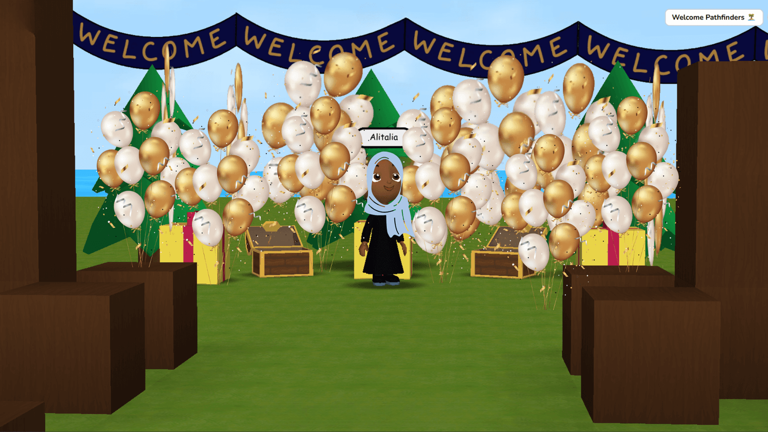 A joyful welcome scene with gold and white balloons, treasure chests, and a smiling Pathfinder avatar celebrating new members of the Learning Quests League.