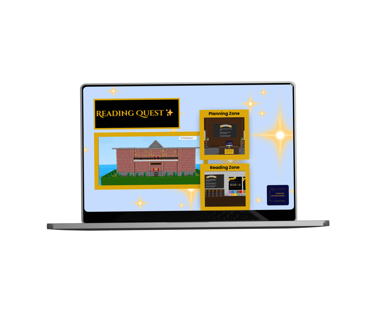 Screenshot of immersive Learning Quests™ game worlds on Koala Go, including Creative Castle Construction and Ville, where kids build reading, writing, and thinking skills through interactive missions.