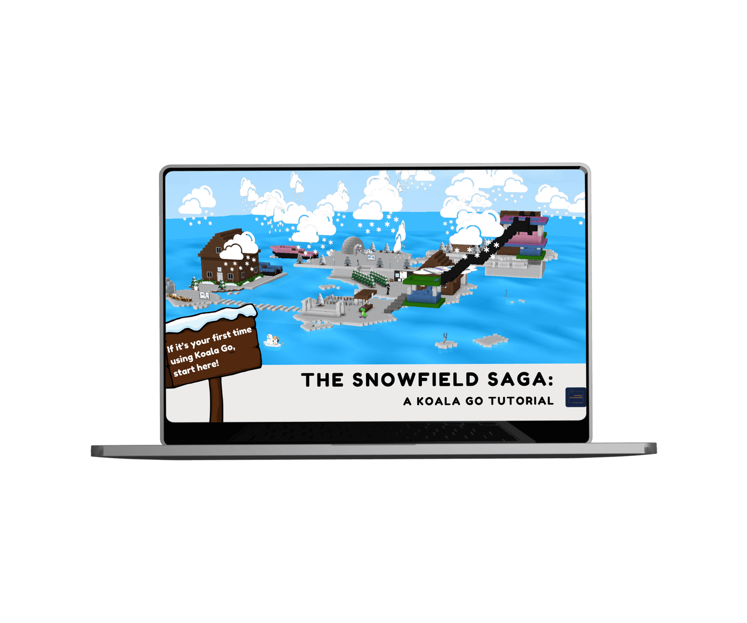 The Snowfield Saga: a beginner-friendly Koala Go tutorial shown on a laptop screen, guiding kids through their first interactive Learning Quest™ adventure in a snowy virtual world.