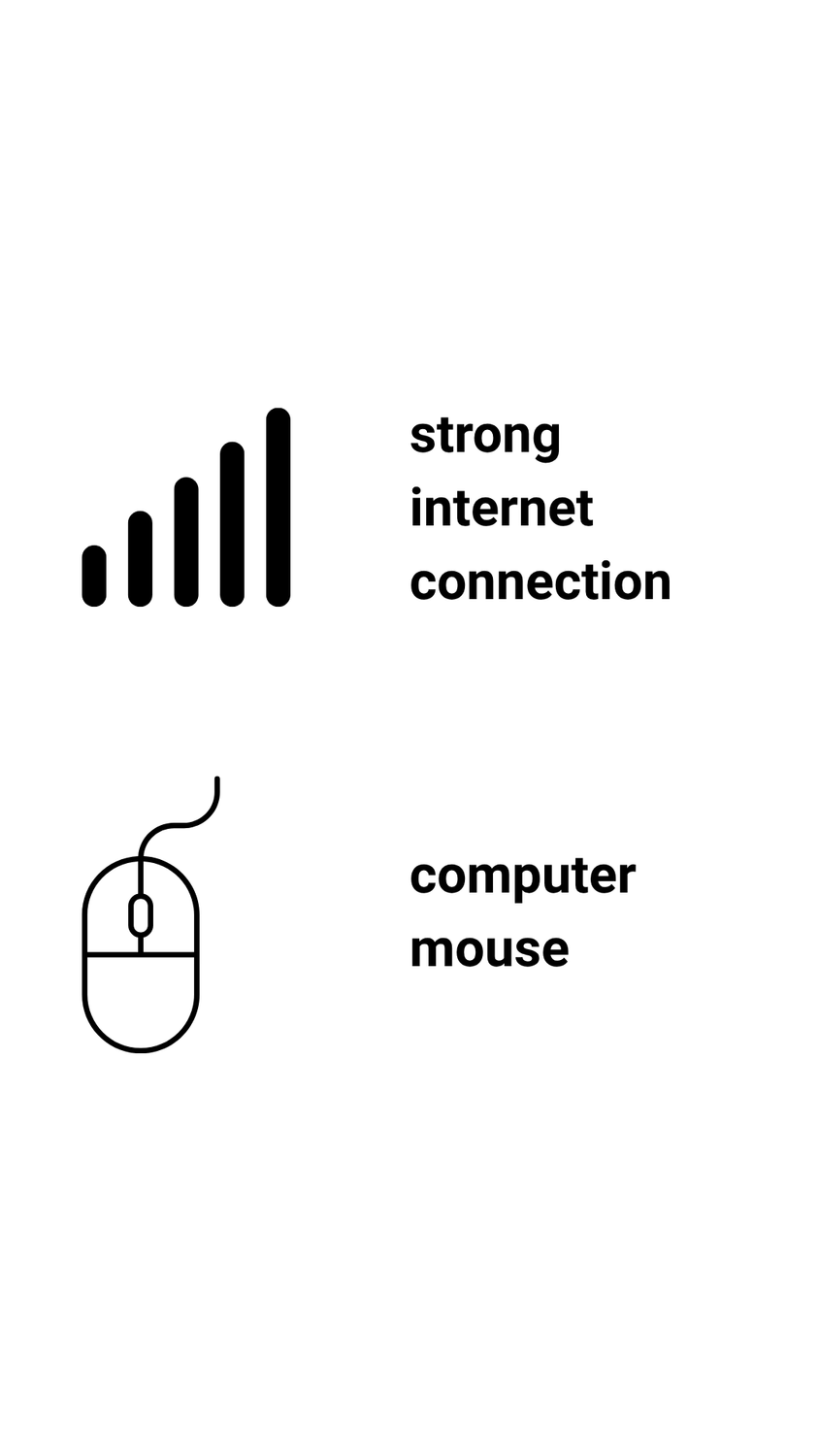 Checklist of essential materials to use learning quest on Koala Go platform: strong internet connection and a computer mouse.