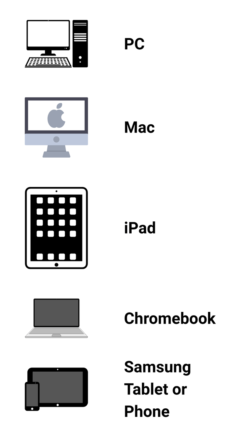 List of compatible devices for Koala Go including PC, Mac, iPad, Chromebook, and Samsung tablet or phone.