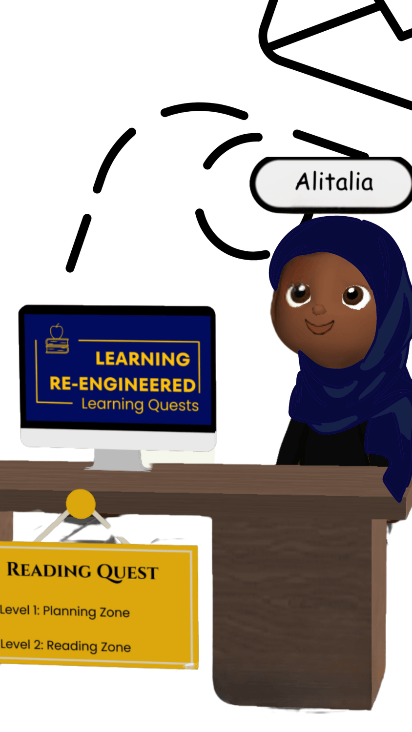 Illustration of a smiling Muslim woman in a hijab sitting at a desk labeled “Learning Re-Engineered” with a computer screen displaying the Learning Quests logo and a sign reading “Reading Quest.”