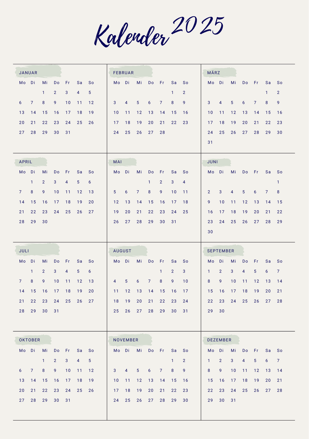 Jahreskalender 2025