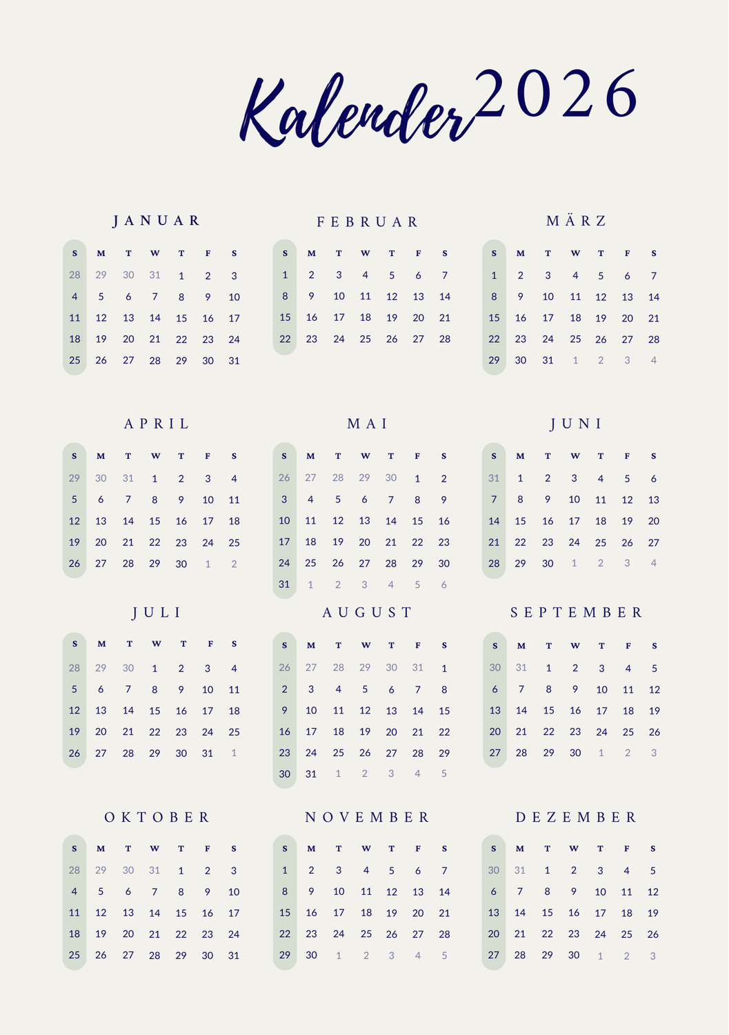 Jahreskalender für 2026