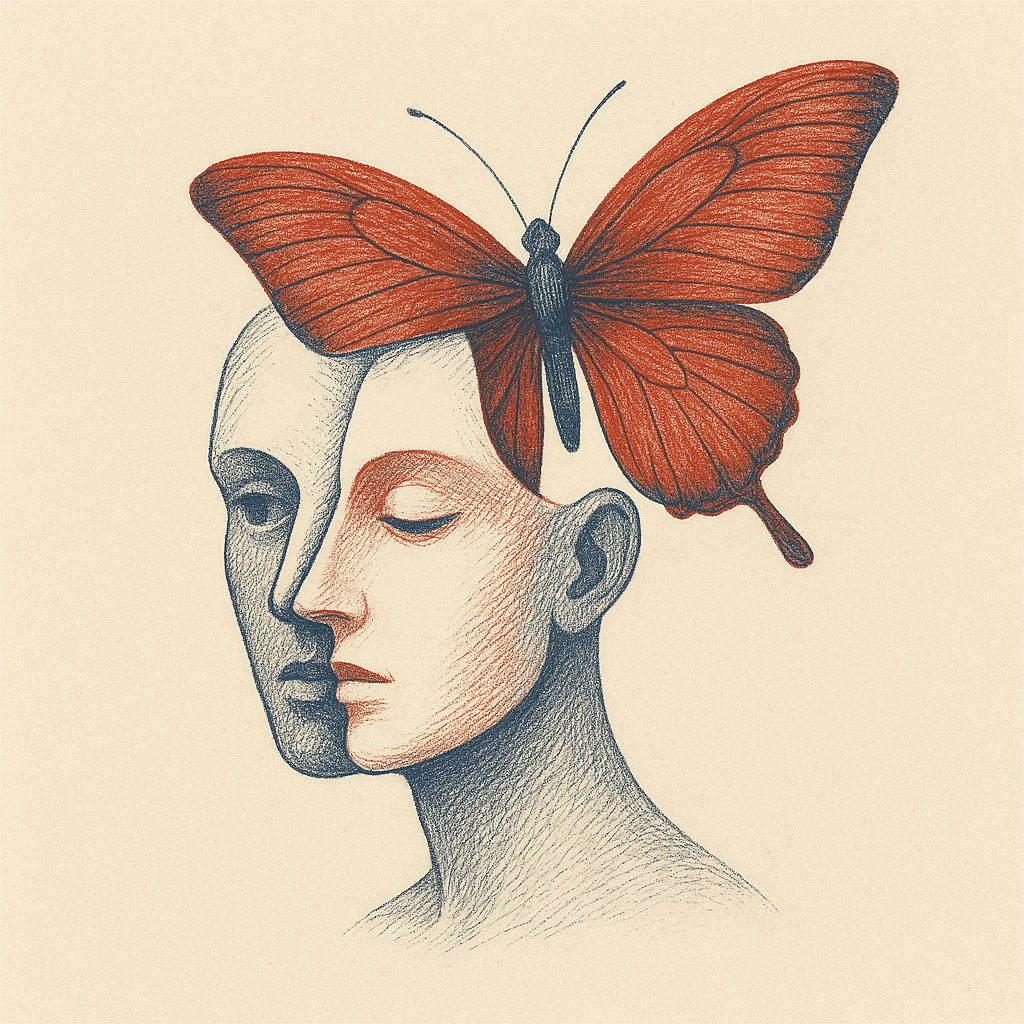 être humain à deux visages, papillon sortant du crâne