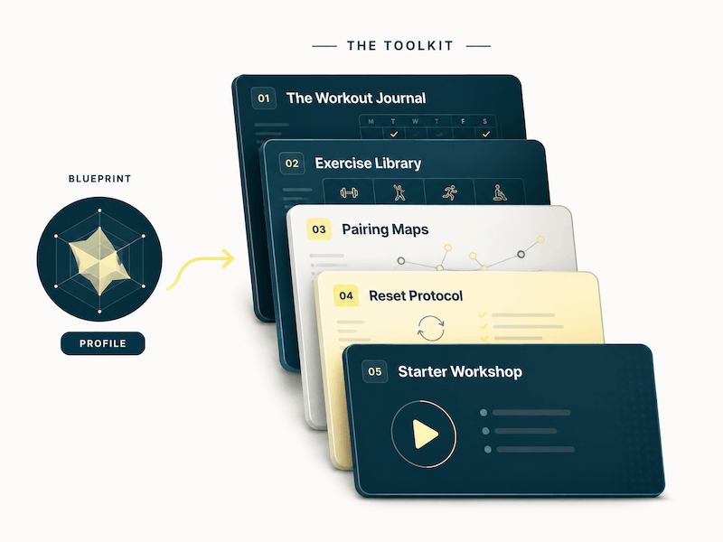 The Superhero Gym Toolkit: Blueprint profile connects to five stacked modules. The Workout Journal, Exercise Library, Pairing Maps, Reset Protocol, and Starter Workshop.