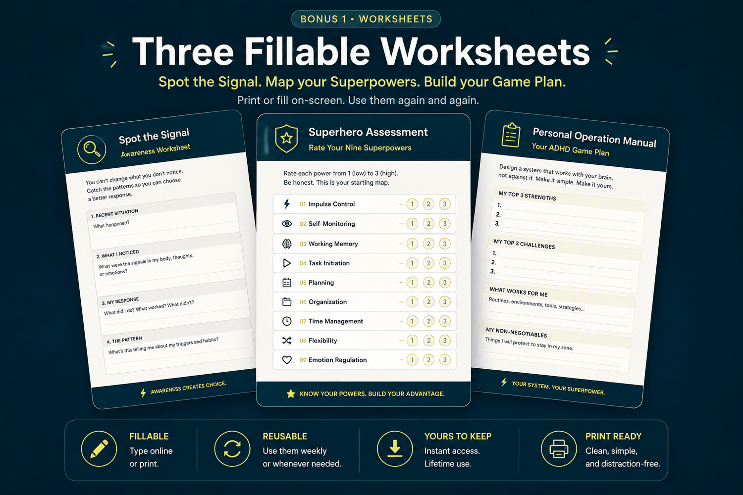 Fillable worksheets. Spot the Signal, Superhero Assessment, Personal Operation Manual.