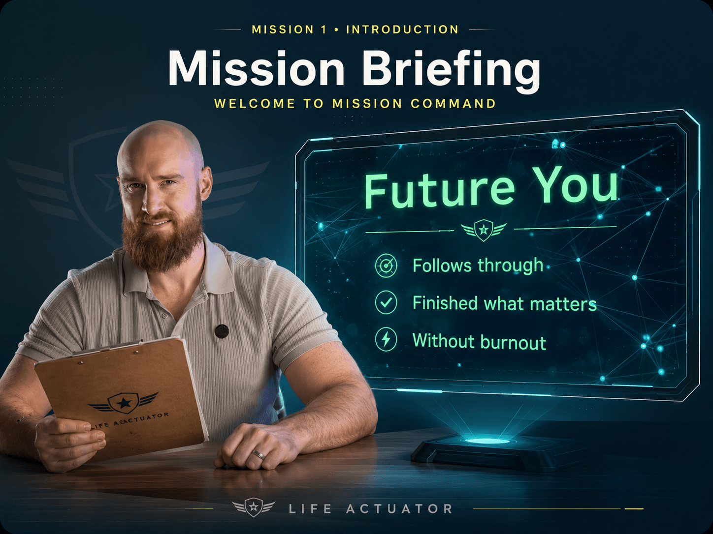Mission 1: Mission Briefing. Welcome to Mission Command. Future You: follows through, finished what matters, without burnout.