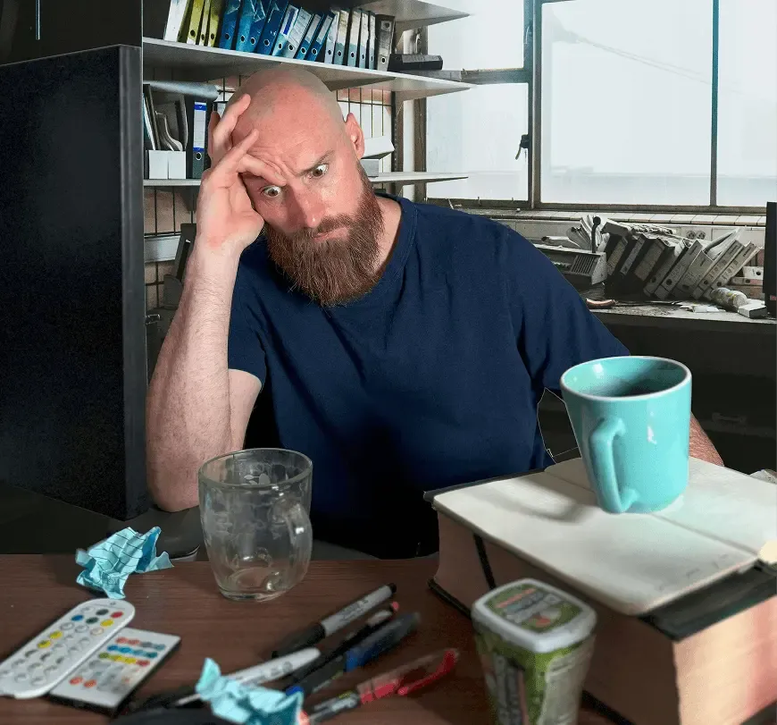 Eric at a cluttered desk with his head in his hand