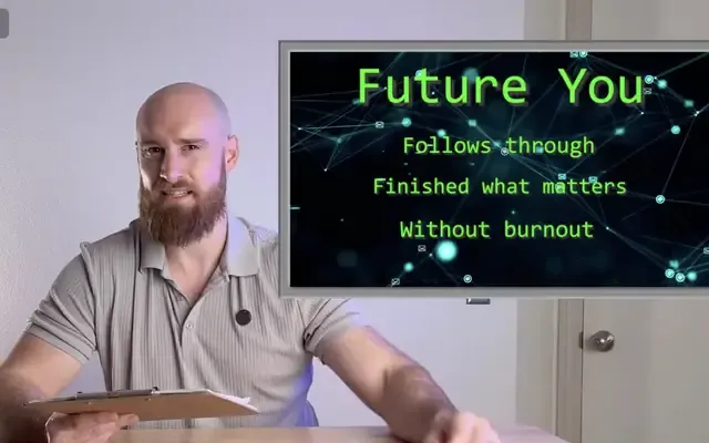 From the course: Eric at a desk beside a screen reading Future You: follows through, finished what matters, without burnout