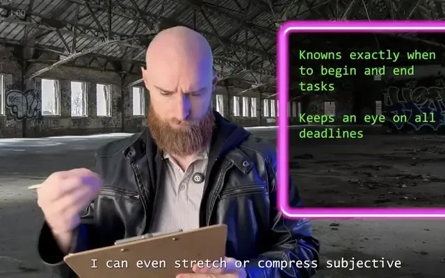 From the course: Eric in a leather jacket in a warehouse, as The Clock, with glowing notes beside him