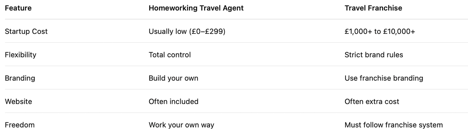 comparison chart of homeworking travel agent and travel franchise
