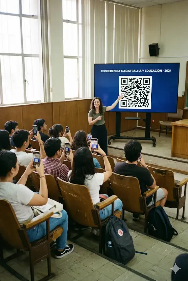 Joven conferencista mostrando su código QR en una pantalla al finalizar su exposición