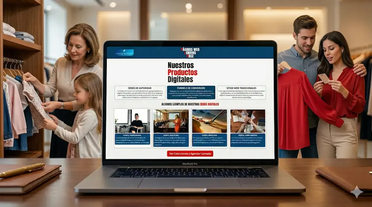 Laptop sobre el mostrador de una animada tienda de ropa