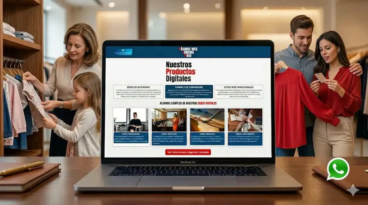 Imagen de una laptop sobre el mostrador de una tienda de ropa. Al fondo vemos a unos clientes revisando ropa y estiquetas de precios