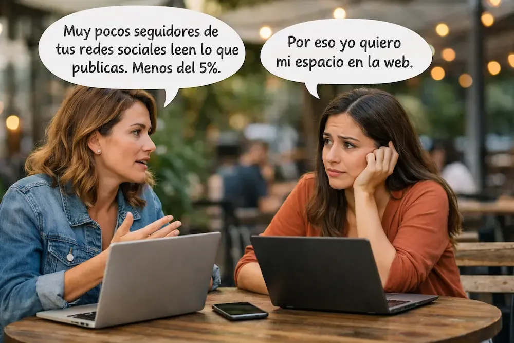 Un par de jóvenes emprendedoras conversan sobre el bajo impacto que tienen los anuncios en las redes sociales