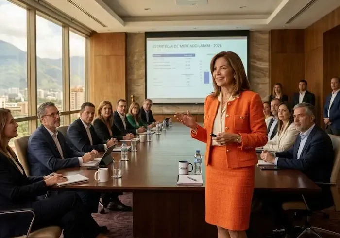 Mujer joven dictando una conferencia a sus colegas