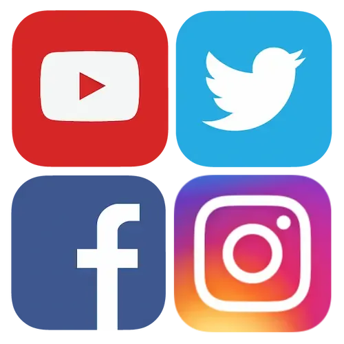 Iconos de las redes sociales Youtube, X (antes twitter), Facebook e Instagram