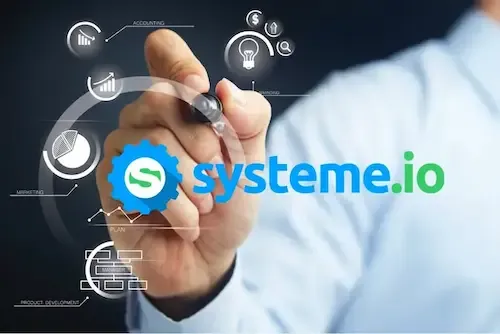 Imagen de un hombre vestido de blanco dibujando figuras geométricas sobre una superficie de vidrio. Delante de su mano vemos el logo de Systeme.io