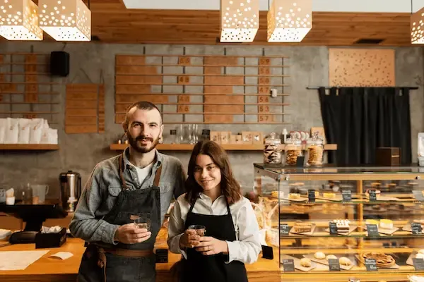 Una pareja de jóvenes emprendedores posa delante del mostrador de su panadería.