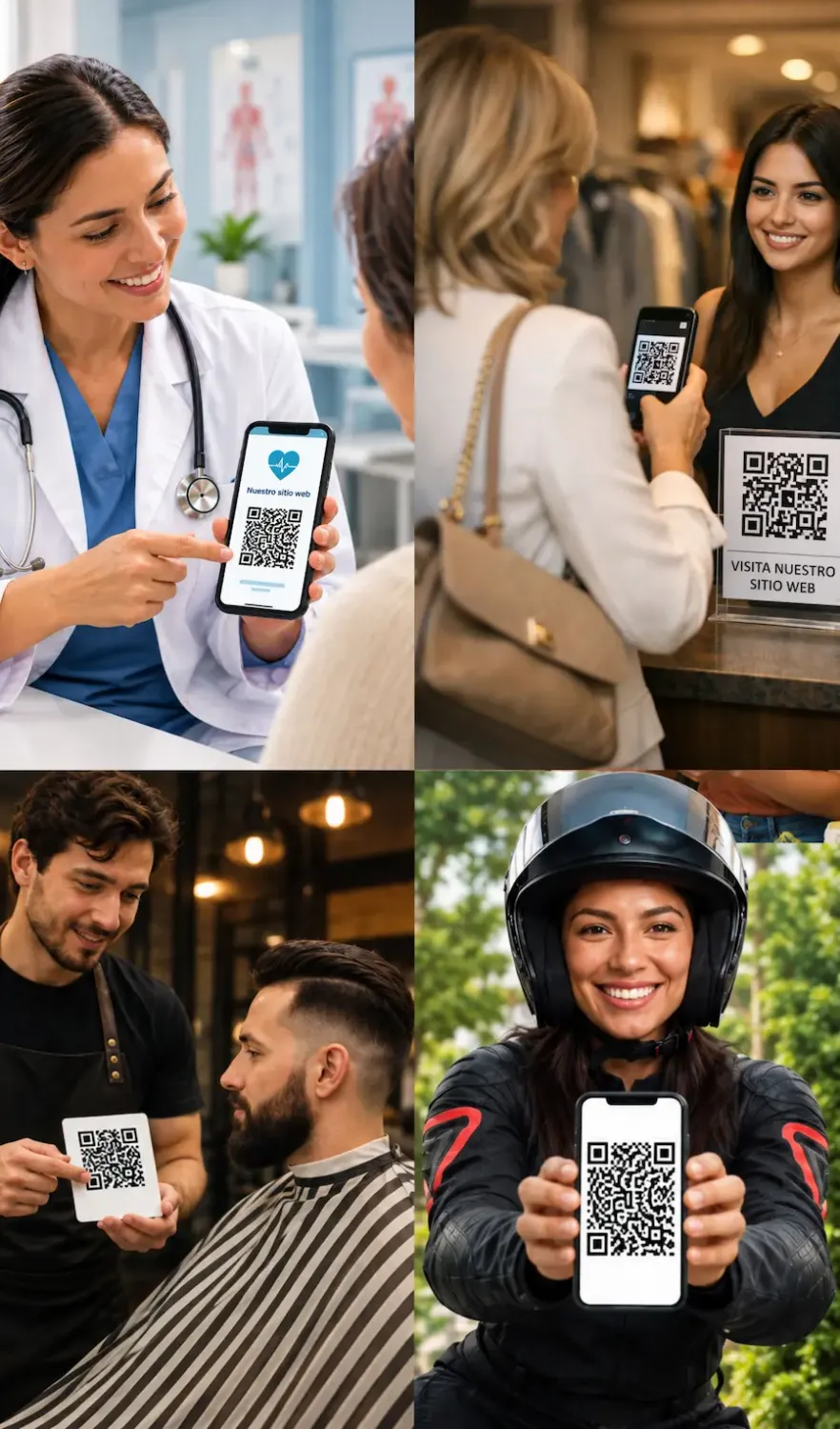 Collage de diferentes imagenes mostrando el uso diverso del código QR en diferentes negocios.