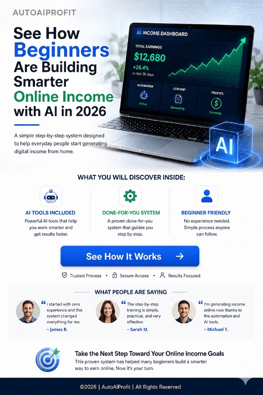 AI income opt-in page showing a laptop dashboard with growing earnings graph ($12,680, +23.4%), headline “See How Beginners Are Building Smarter Online Income with AI in 2026,” highlighting AI tools, done-for-you system, beginner-friendly process, testimonials, and a blue “See How It Works” call-to-action button.