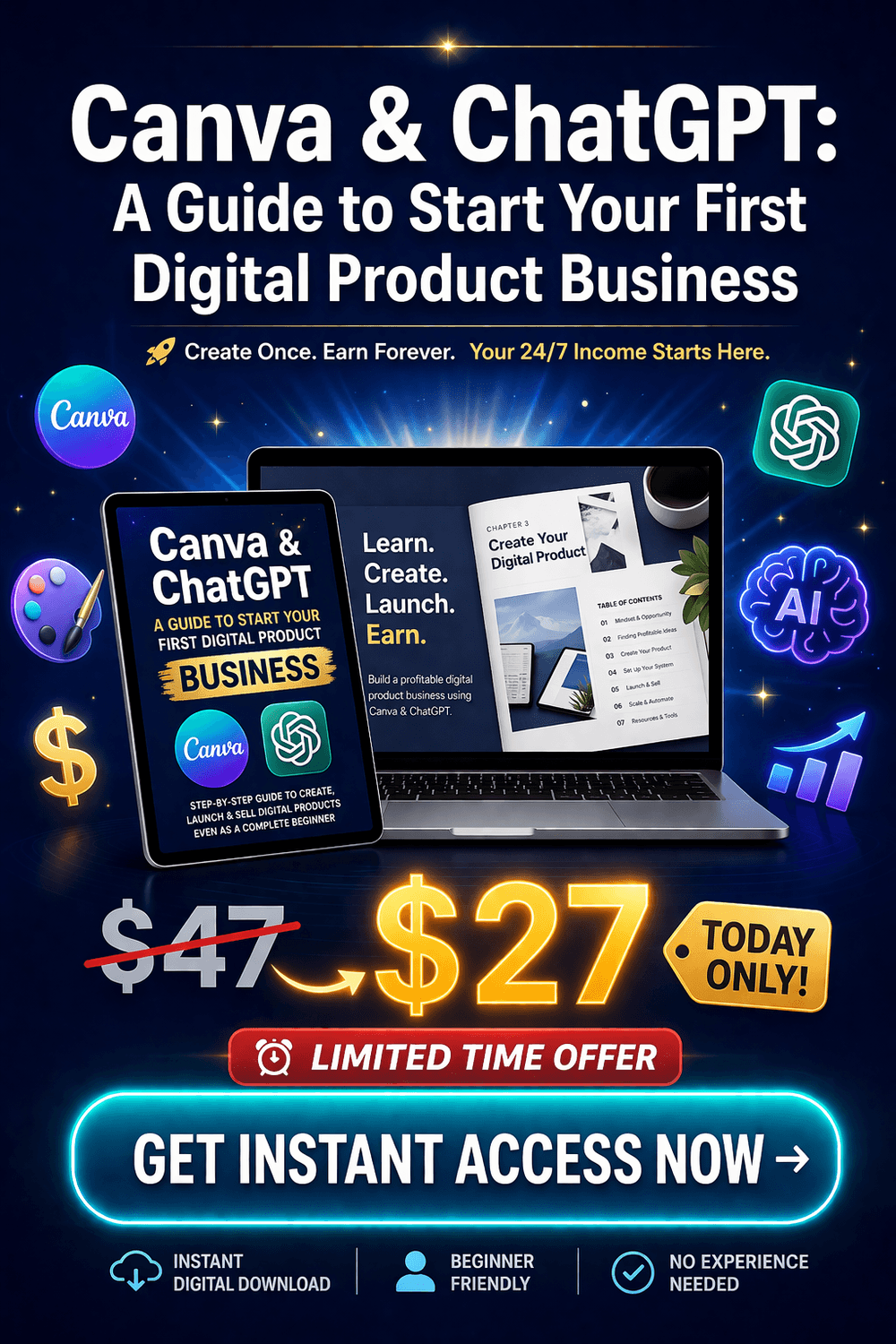Clean, modern digital product sales banner with a bright white background and soft pastel accents. Bold headline reads “Canva & ChatGPT: A Guide to Start Your Digital Product Business.” Center features 3D mockups of an ebook displayed on a tablet and laptop, surrounded by minimal icons (design palette, AI brain, dollar sign, sparkles). Pricing section shows $47 crossed out and $27 highlighted with a “Today Only!” tag and “Limited Time Offer” badge. Bottom includes a teal call-to-action button “Get Instant Access Now →” with trust text: “Instant Digital Download • Beginner Friendly • No Experience Needed.”