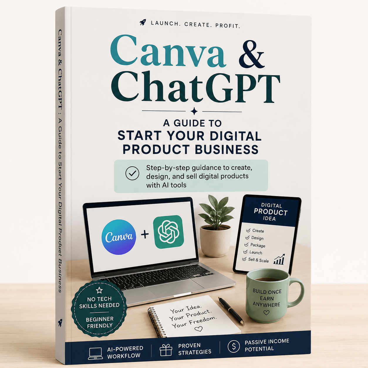 A professional 3D ebook mock-up titled “Canva & ChatGPT: A Guide to Start Your Digital Product Business” displayed on a clean wooden desk with a minimalist cream background. The cover features teal and navy typography, a laptop showing Canva and ChatGPT logos, a tablet with a digital product checklist, a coffee mug, notebook, pen, and small plant. Modern AI-business aesthetic with beginner-friendly branding and passive income themed elements.