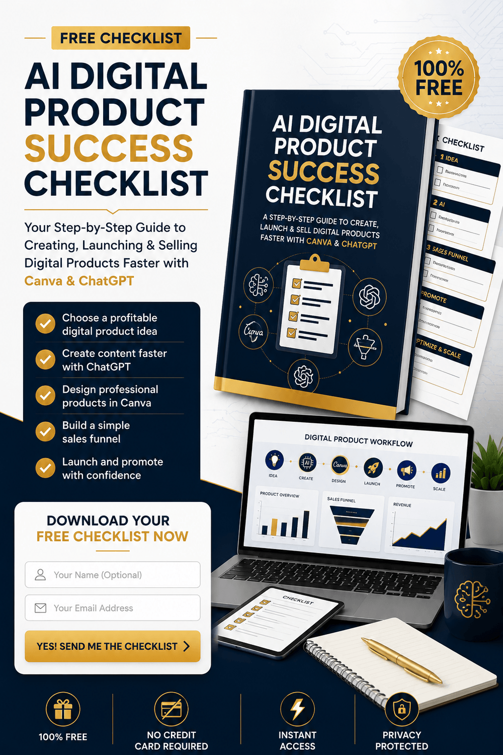 Free AI Digital Product Success Checklist landing page featuring a navy blue and gold design. Includes a digital checklist ebook mockup, laptop dashboard, smartphone, and lead capture form. Promotes creating, launching, and selling digital products faster with Canva and ChatGPT, highlighting product ideas, content creation, design, sales funnels, and marketing.