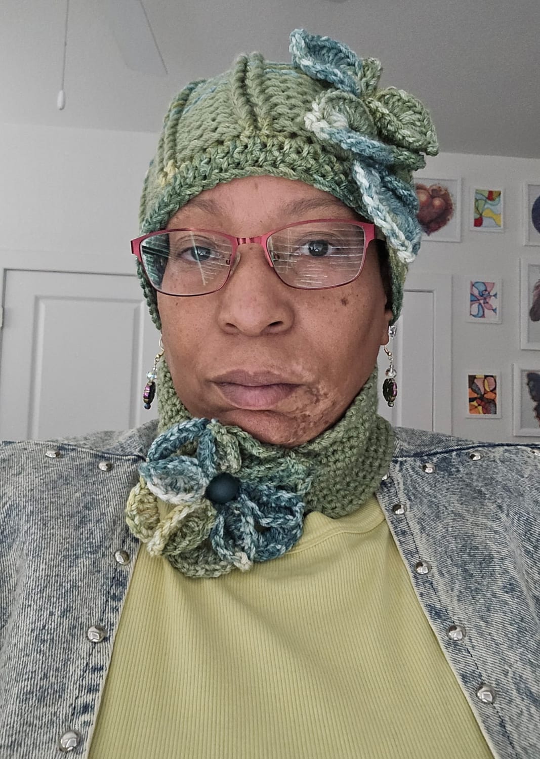 Tracy Denise in her Crochet hat and scarf