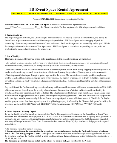 Download & Review the TD Event Space Rental Agreement Contract