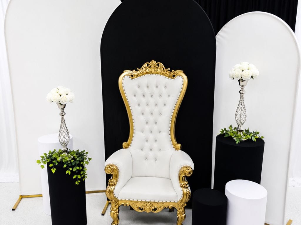 Luxury backdrop thrown chair floral display for weddings and anniversaries