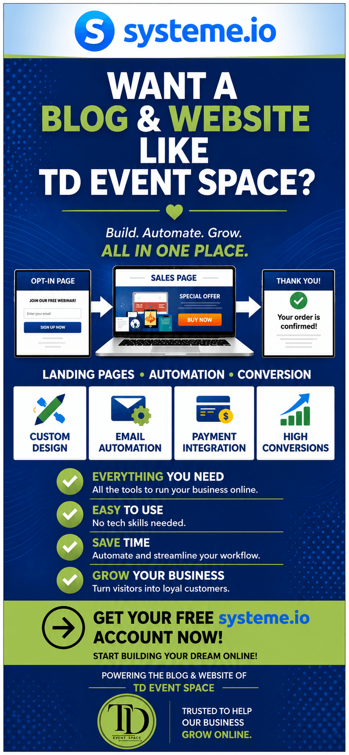 Want a blog and website like TD Event Space? Get your free Systeme.io account to build websites, sales funnels, and automate your business online.