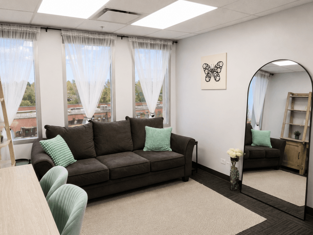 Private vanity suite at TD Event Space with sofa and full-length mirror