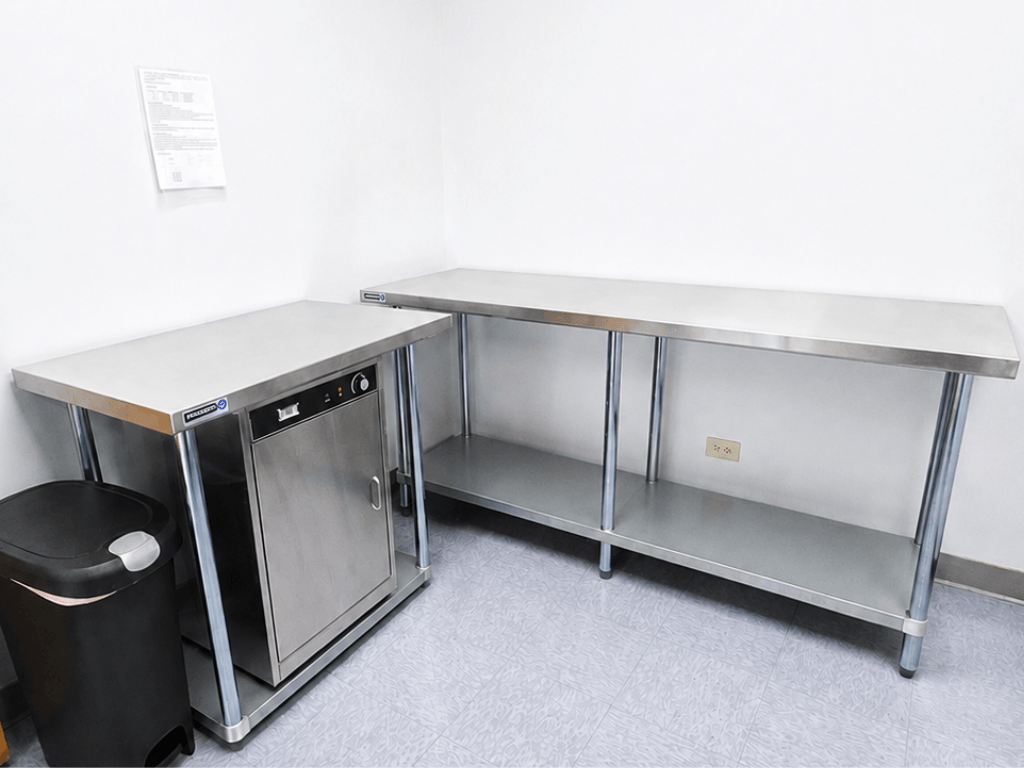 Commercial prep tables in TD Event Space kitchenette