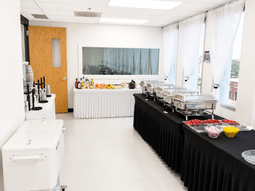 Designated Buffet area with chafing dishes and beverage station